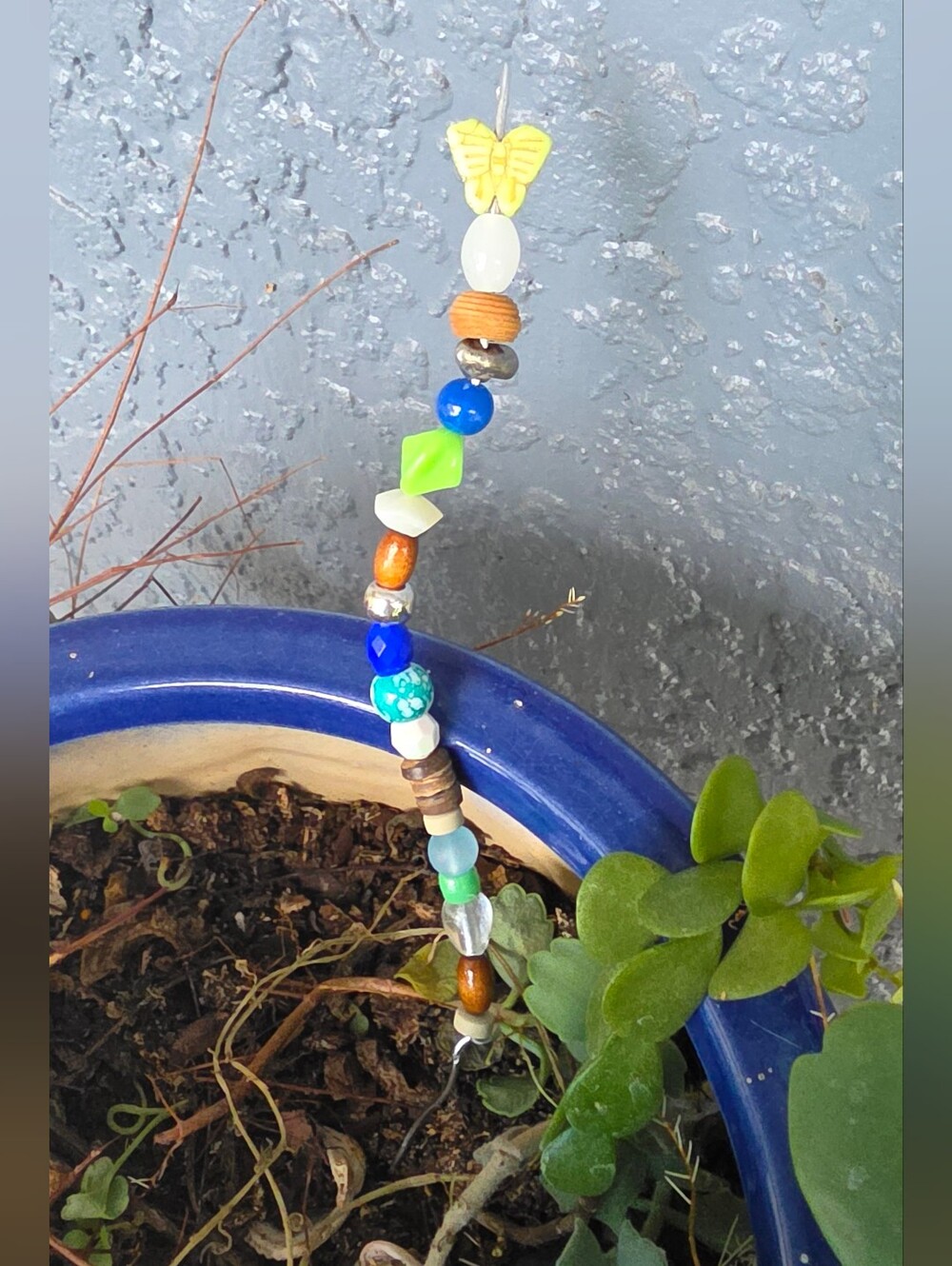 Handmade Colorful Beaded Plant Stick with Butterfly Accent - Blue & Green